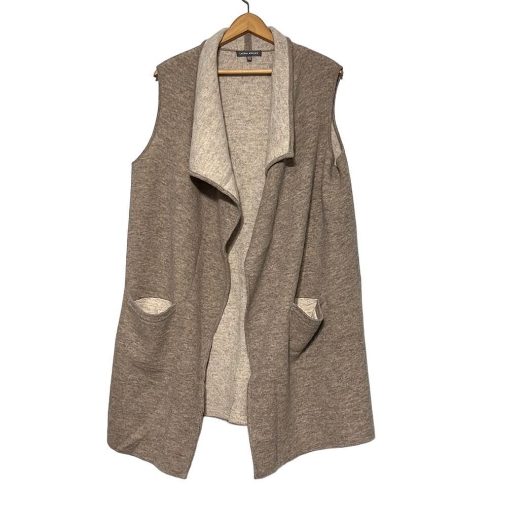 Laura Ashley Taupe and Cream Open Front Sleeveless Cardigan Vest